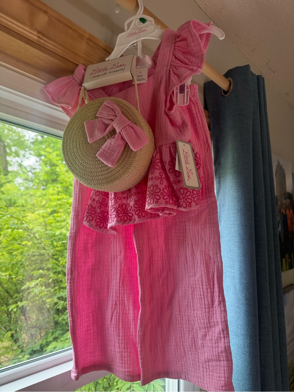 Little Lass Pink Girls Dress with Straw Crossbody Bag